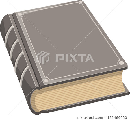 An antique book with a gray cover and decorative trim sits upright. A classic design. 131469930