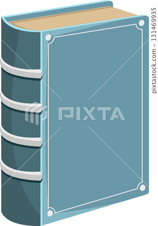 A stylized illustration of a hardback book, light blue cover, and tan pages on white background. 131469935