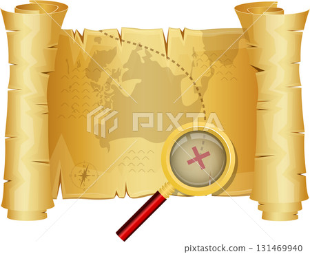 Rolled parchment map with a magnifying glass highlighting a marked treasure location on it. 131469940
