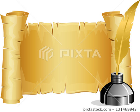 Aged parchment scroll with rolled edges, accompanied by a golden quill and inkwell for writing. 131469942