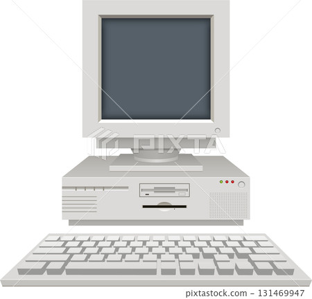 Retro Computer setup with monitor, computer tower, and keyboard for classic computing tasks. 131469947