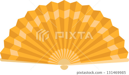 A golden hand fan with a geometric design spreads out in a semi-circular shape on black backdrop. 131469985