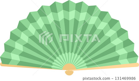 Elegant light green fan with geometric pattern and tan handle, perfect for staying cool. 131469986