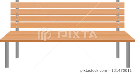 Park bench with horizontal wooden slats and metal legs for resting in public spaces. 88 characters 131470011