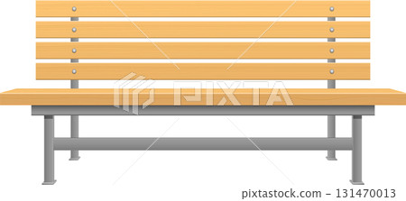 A wooden park bench with a slatted backrest and a gray metal frame against a black background. 131470013