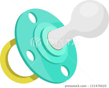 A colorful pacifier with a turquoise shield, gray nipple, and yellow ring, angled on a black background. 131470020