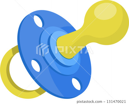 A pacifier with a yellow handle and a blue center, essential for soothing babies, cartoon style. 131470021