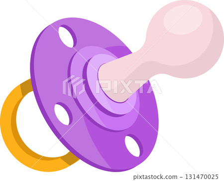 A vibrant, cartoon-style pacifier in purple, gold, and light pink for infants and babies. A vibrant, cartoon-style pacifier in purple, gold, and light pink for infants and babies. 131470025
