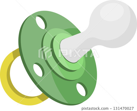 Green and yellow baby pacifier with a white nipple used for soothing infants and young children. Green and yellow baby pacifier with a white nipple used for soothing infants and young children. 131470027