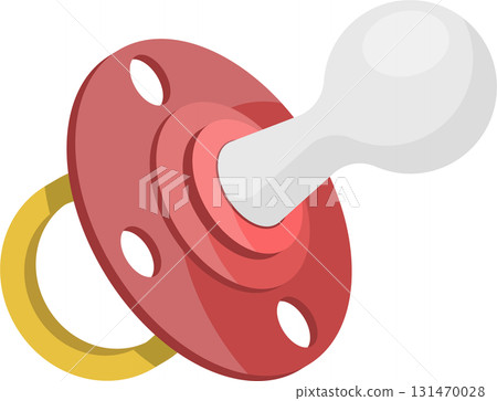 A cartoon-style illustration of a pacifier with a red shield, white nipple, and yellow handle. A cartoon-style illustration of a pacifier with a red shield, white nipple, and yellow handle. 131470028
