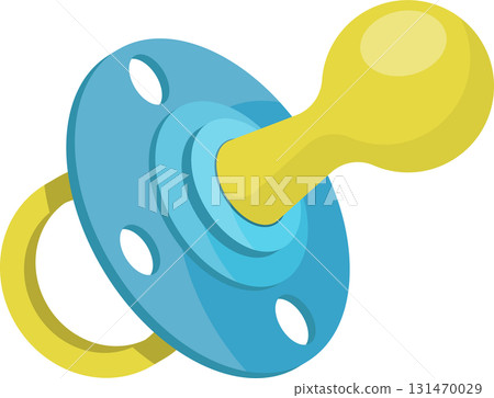 A cartoon pacifier with a blue base, yellow handle and nipple, designed for babies 131470029