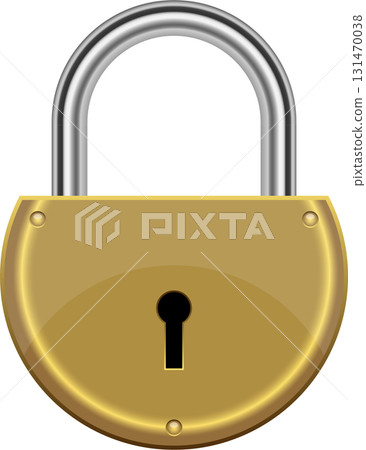 A shiny golden padlock with a silver shackle against a black background stands secured. 131470038