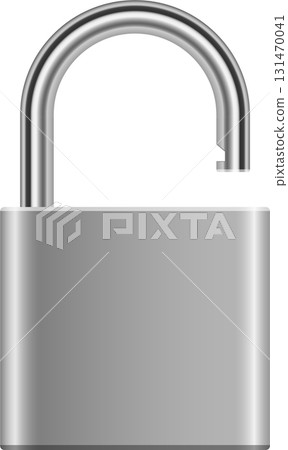 The image shows a shiny, unlocked metal padlock against a stark black backdrop. Security element 131470041