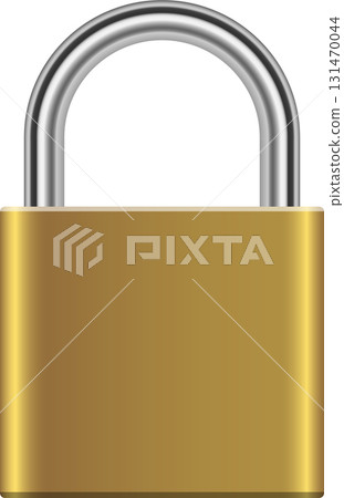 A shiny brass-colored padlock with a silver shackle, isolated on a solid black background. 131470044