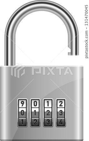 Open combination lock with four tumblers displaying the digits 0, 1, 2 and 3 on black. 131470045