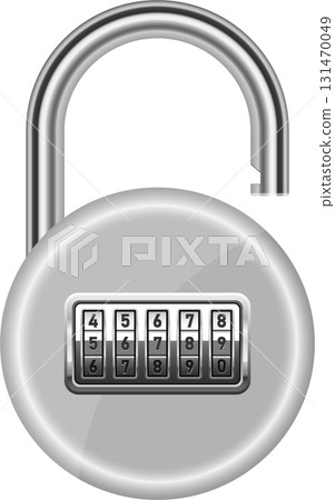 An open combination lock made of metal offers security with numbered rotating dials and shackle An open combination lock made of metal offers security with numbered rotating dials and shackle 131470049
