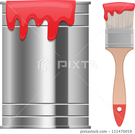 A silver paint can with red paint dripping down the side and a paint brush with red paint. 131470059