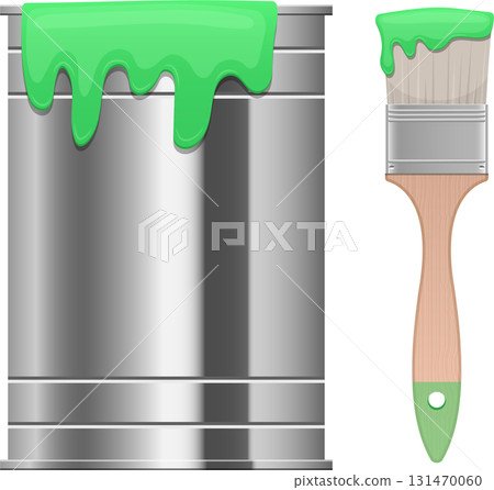 Illustration of paint can with bright green paint and a paintbrush also covered in green paint. 131470060