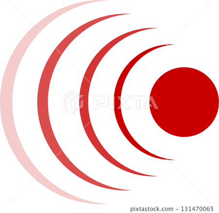 Abstract illustration featuring a red circle emanating radiating arc waves over a black background. 131470065