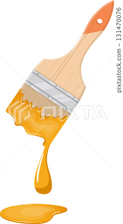 Paintbrush dripping vibrant yellow paint against a stark black background, creating a dynamic image. 131470076