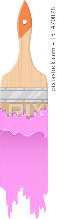 A paintbrush with pink paint hanging from the bristles. Wood handle with silver metal detail. 131470078