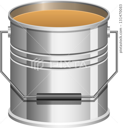 Metallic bucket with handle filled with beige liquid, used for paint and other substances. Metallic bucket with handle filled with beige liquid, used for paint and other substances. 131470083
