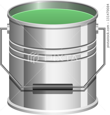 Illustration of a metallic bucket filled with a vibrant green liquid, likely paint or similar substance. 131470084