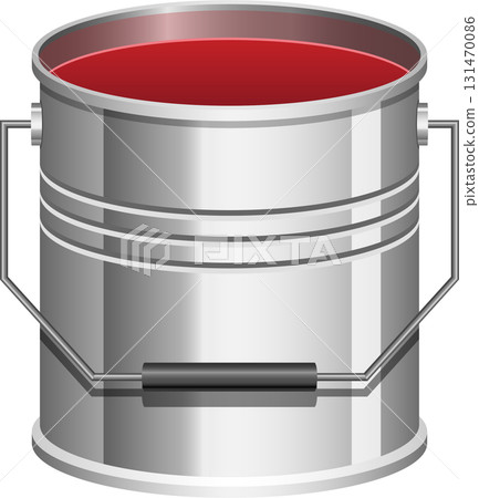 A container with a handle filled with a red viscous fluid, likely paint, ready for use. 131470086