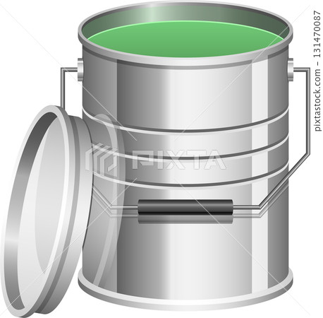 Illustration of an open metal bucket containing bright green liquid, lid at the bucket's side. Illustration of an open metal bucket containing bright green liquid, lid at the bucket's side. 131470087