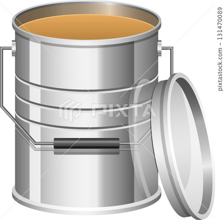 Illustration of a paint can, open and filled with liquid, the lid leaning to the side. Illustration of a paint can, open and filled with liquid, the lid leaning to the side. 131470089