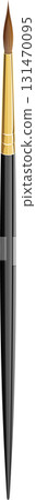 A long paint brush has tan bristles, a gold ferrule, and a long grey handle. Tool for painting. 131470095