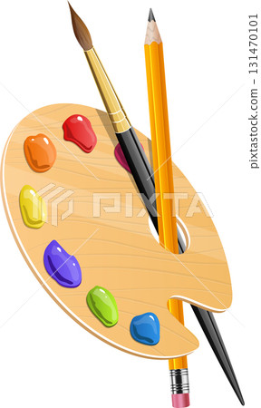 A painter's palette with vibrant paints, a paintbrush, and a pencil, ready for artistic creation. 131470101