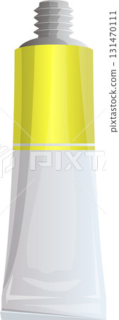 Yellow and silver tube of art supply material with a ribbed nozzle and no background. 131470111