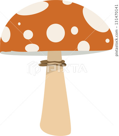 Stylized mushroom illustration with orange cap, white spots, and beige stem on a black background. 131470141