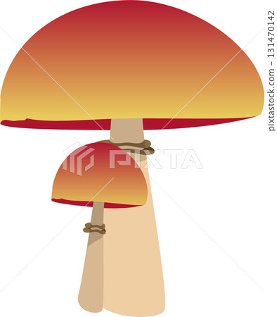 A whimsical illustration depicts two stylized mushrooms, one larger and one smaller, on a dark background. 131470142
