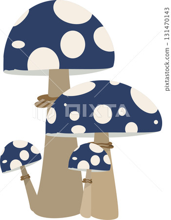 Whimsical cluster of cartoonish blue mushrooms with white spots standing tall on brown stems. 131470143