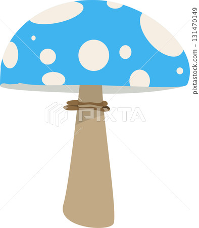 A whimsical blue mushroom with white spots stands tall against a solid black background. 131470149