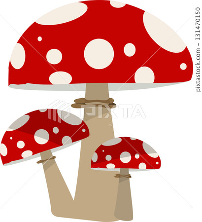 Three mushrooms with red caps and white dots growing from the ground in a cartoon style. Three mushrooms with red caps and white dots growing from the ground in a cartoon style. 131470150