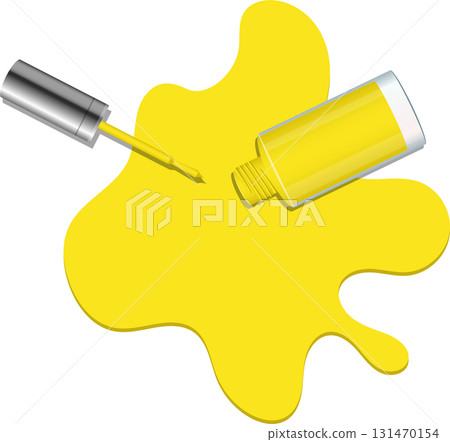 Open bottle of yellow nail polish spills out over a black background, with applicator brush. 131470154
