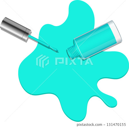 Vibrant turquoise nail polish spilt on a black surface, with the bottle and applicator visible. 131470155