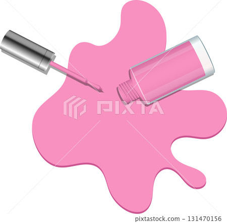 Spilled pink nail polish with open bottle and applicator brush on black backdrop, top view. 131470156
