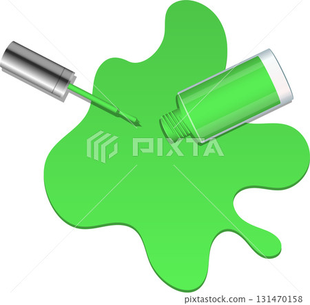 Spilled bright green nail polish with open container and applicator brush on black background. 131470158