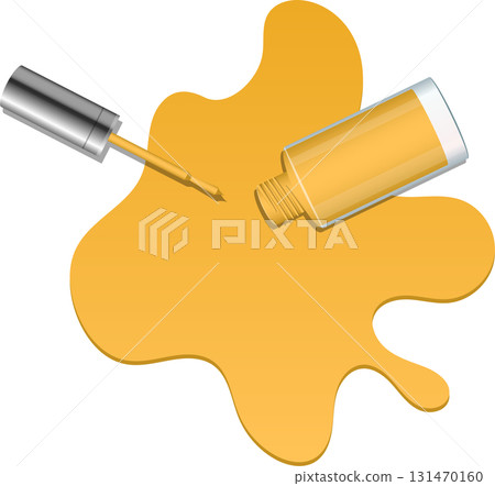 Spilled yellow nail polish, with brush applicator and bottle lying on a black background. Spilled yellow nail polish, with brush applicator and bottle lying on a black background. 131470160