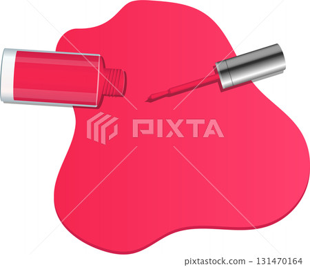 Vibrant pink nail polish spills onto a black surface, accompanied by an open bottle and brush. 131470164