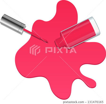 A vibrant spill of pink nail enamel on a black surface, with the bottle and applicator visible. 131470165