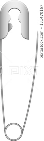 A silver-colored safety pin is captured against a stark black background, showcasing its design. 131470167