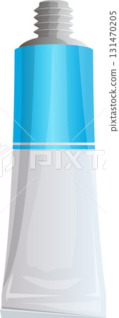 Squeezable tube of liquid or gel product with light blue and grey color scheme. Empty opening. 131470205