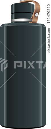 Sleek gray reusable water bottle with leather handle and metal accents, eco-friendly hydration. Sleek gray reusable water bottle with leather handle and metal accents, eco-friendly hydration. 131470220