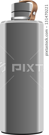 Metallic water bottle with a brown handle against a plain background, promoting hydration. Metallic water bottle with a brown handle against a plain background, promoting hydration. 131470221