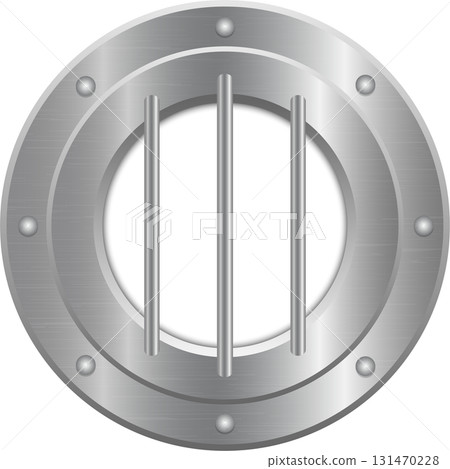 A metallic porthole with bars, illuminated by a bright, white light coming from behind it. 131470228